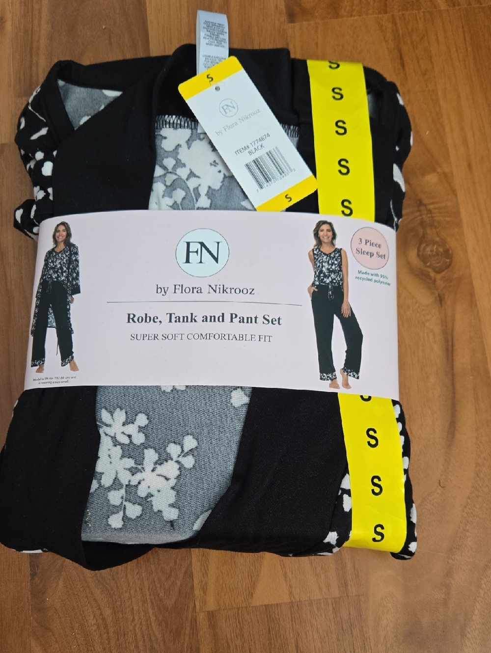 Flora Nikrooz Black and White Floral Robe, Tank & Pants Set